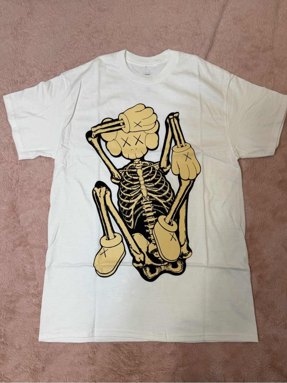 KAWS White T-Shirt with Yellow Skeleton Graphic